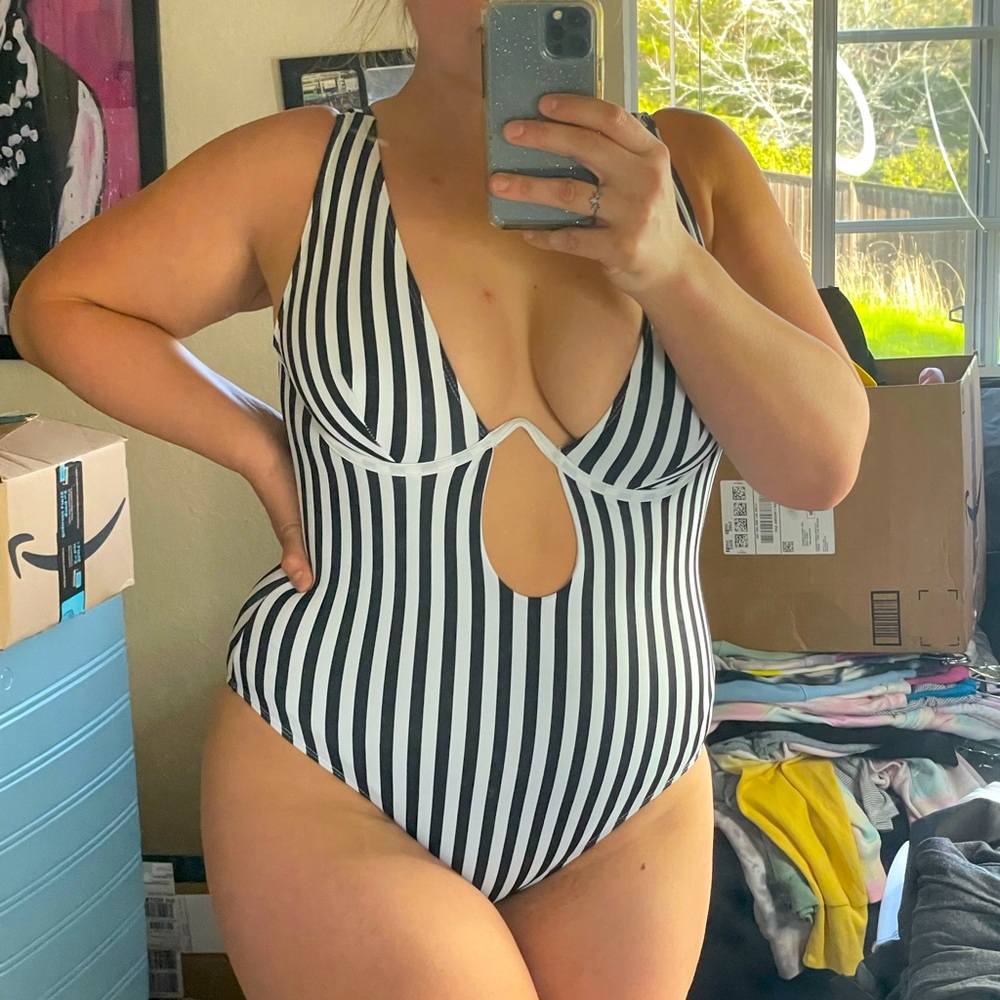 Black and white striped one piece